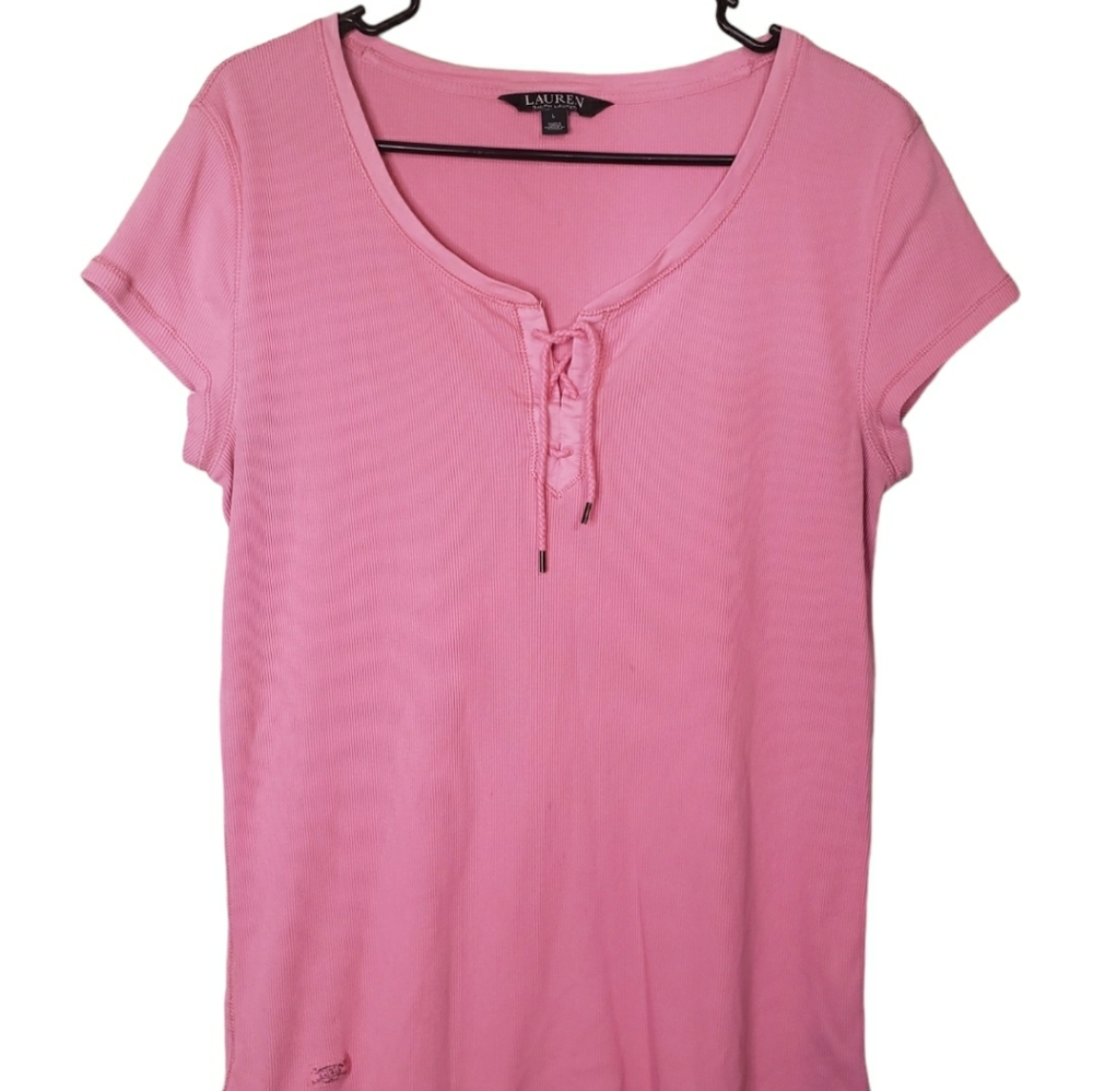 Ralph Lauren Womens Pink Cotton Top Cap Sleeve Front Tie Size Large.